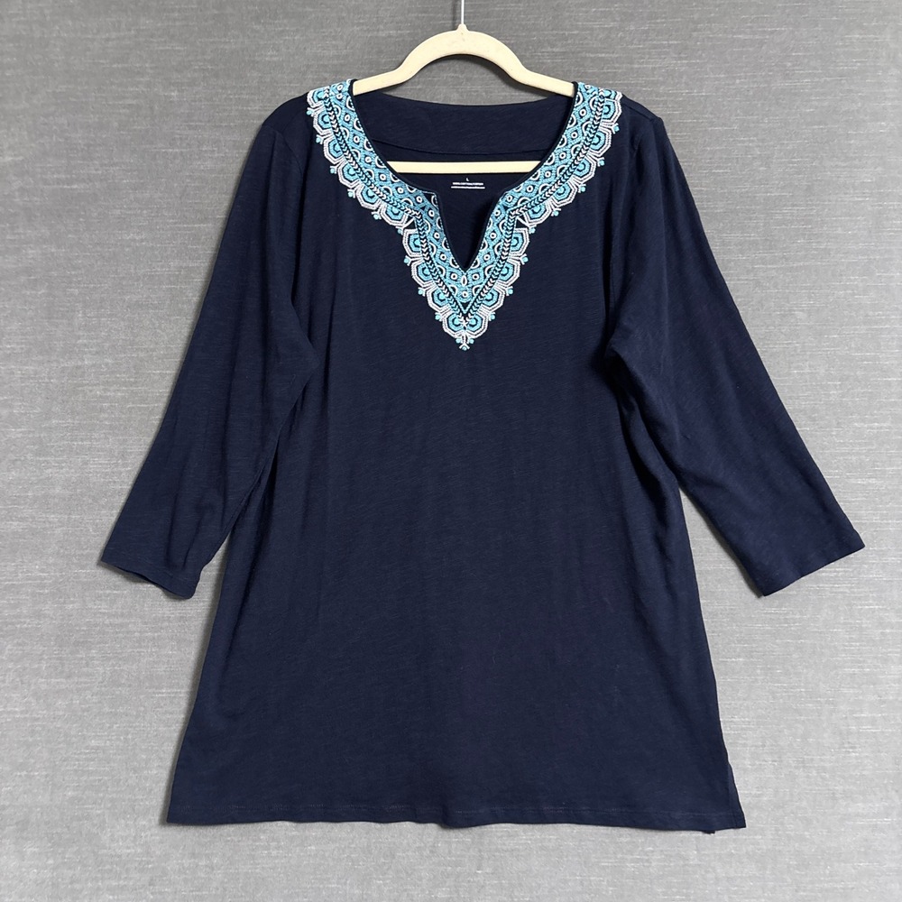 Talbots Top L Navy Blue Cotton Embroidered Split Neck 3/4 Sleeve Tunic Boho Fall